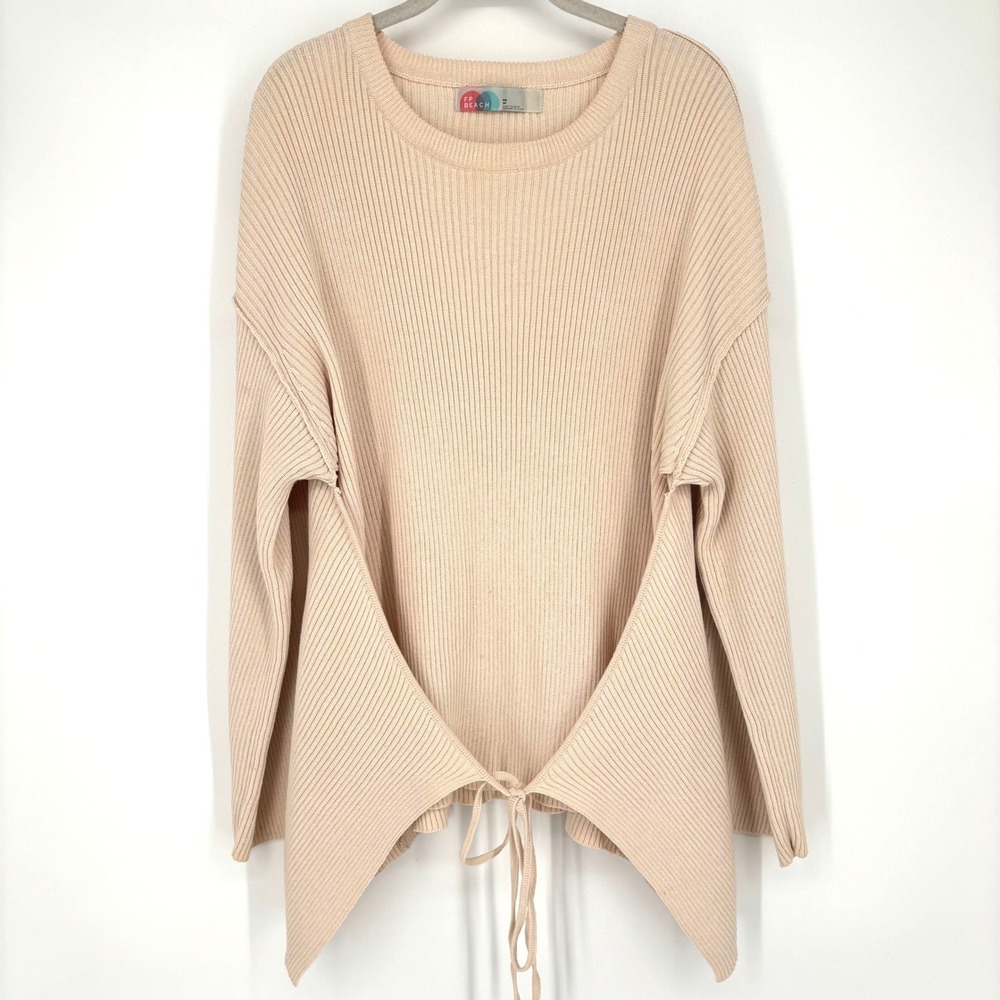 Free People FP Beach Ribbed Knit Tie Front Sweater Sz XS Beige Oversized Cream